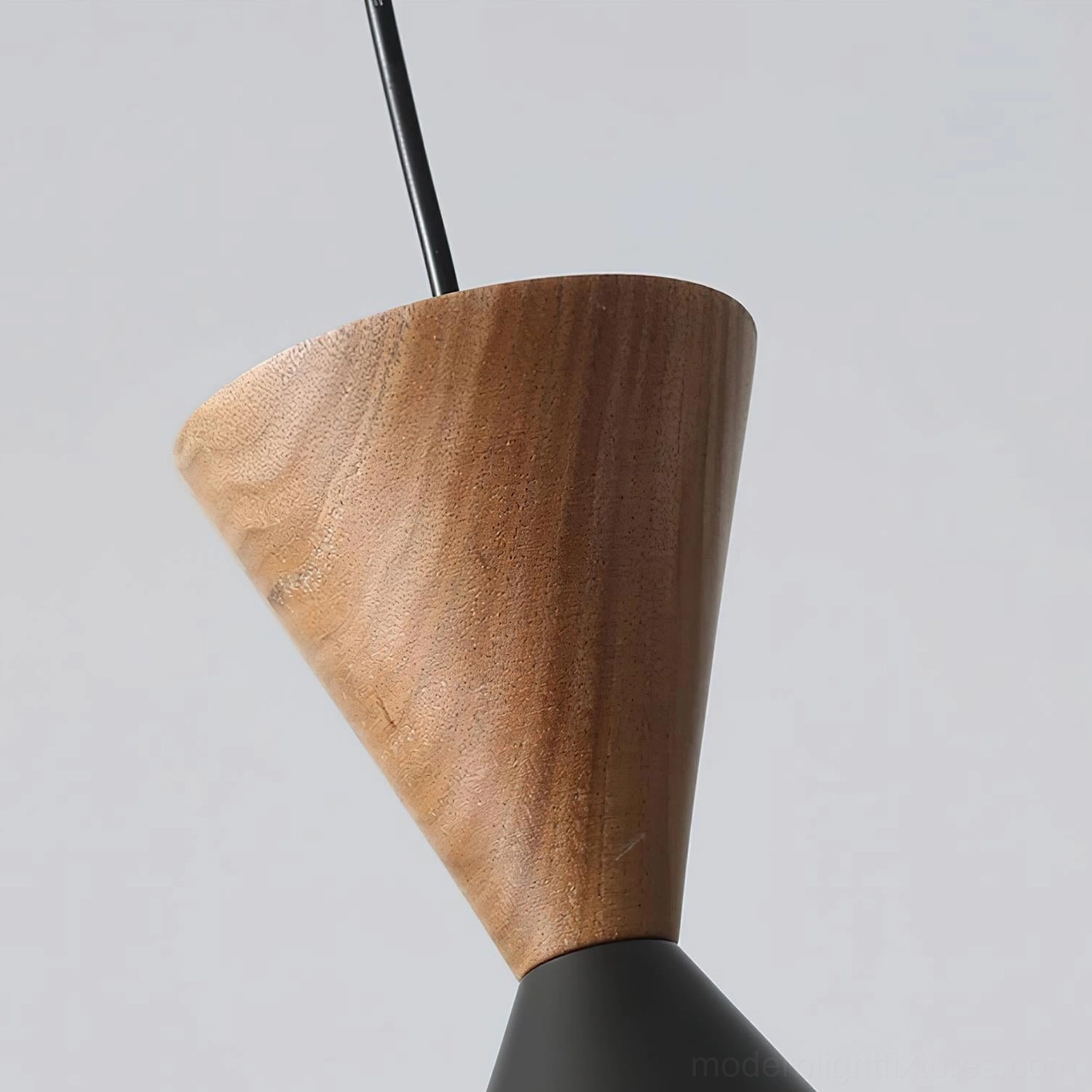 Trevio conical pendant light full product view showing brass construction, wood accent, and geometric tapered design details
