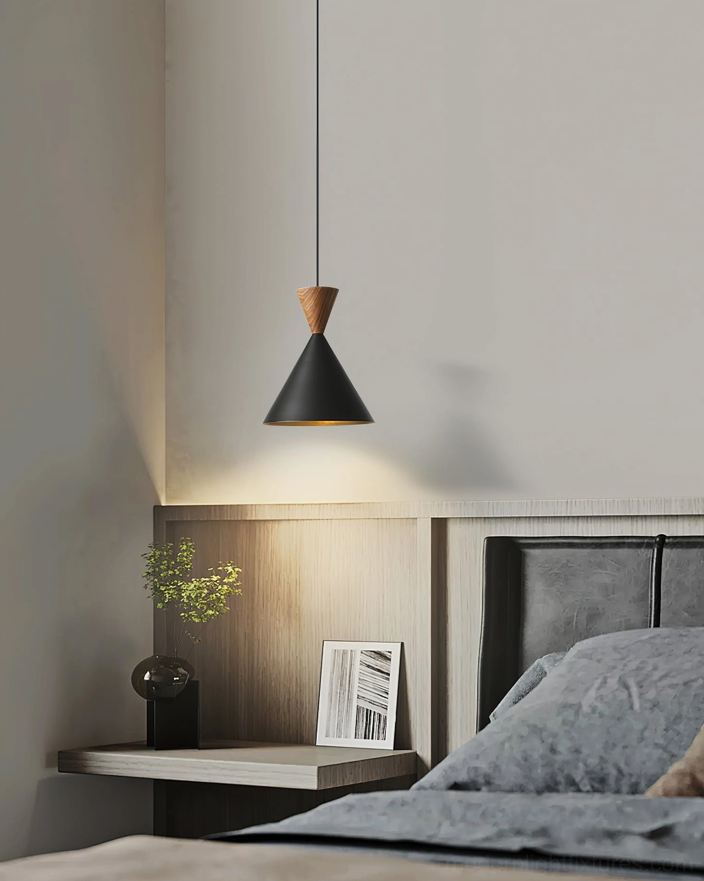 Trevio modern pendant light bedside installation with warm lighting on neutral interior shelf, Scandinavian minimalist bedroom design