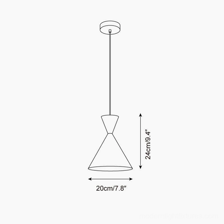 Trevio conical pendant light technical orthographic line drawing with dimensions 20cm width x 24cm height structural diagram