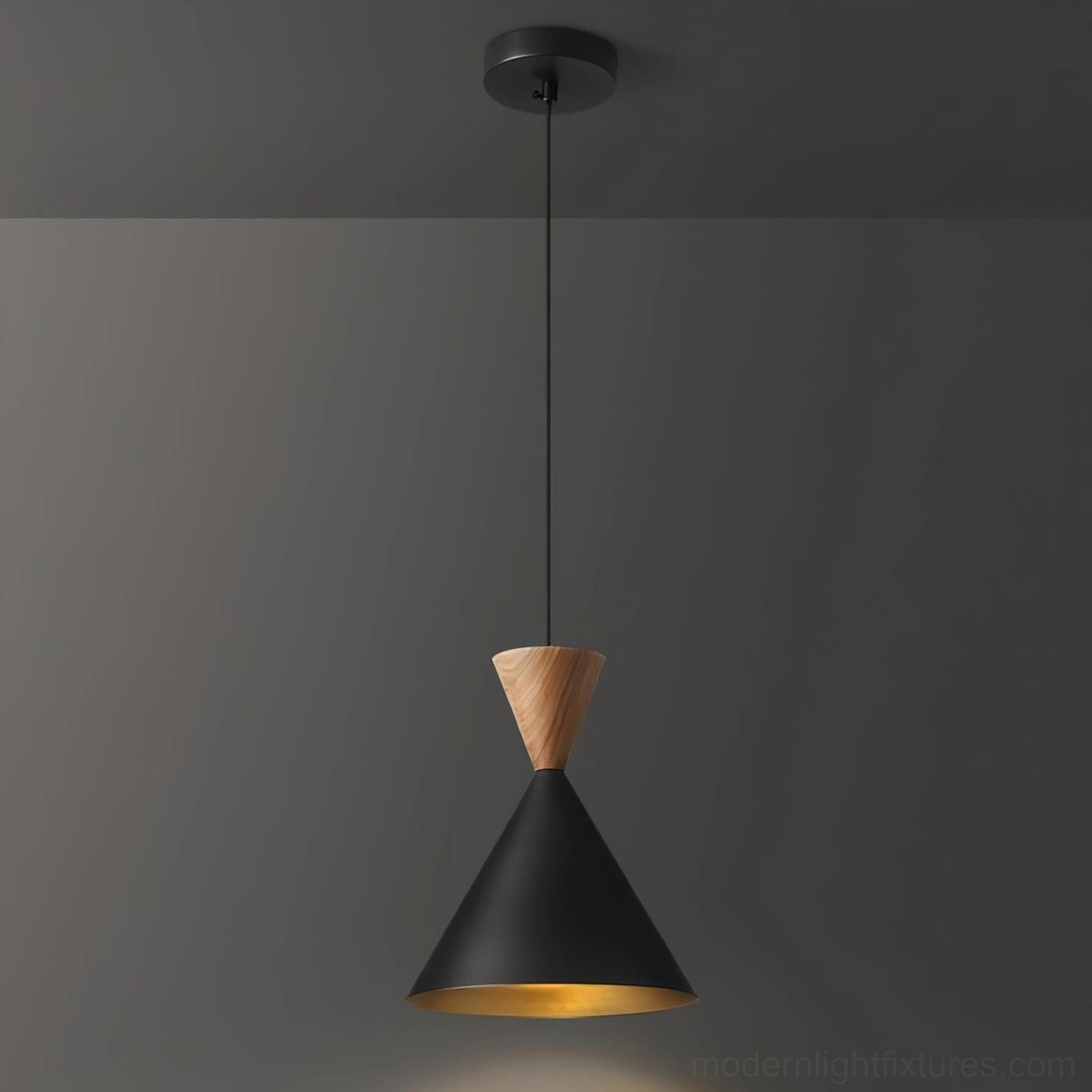 Trevio pendant light ceiling-mounted installation showing black suspension cord and metal canopy hardware detail