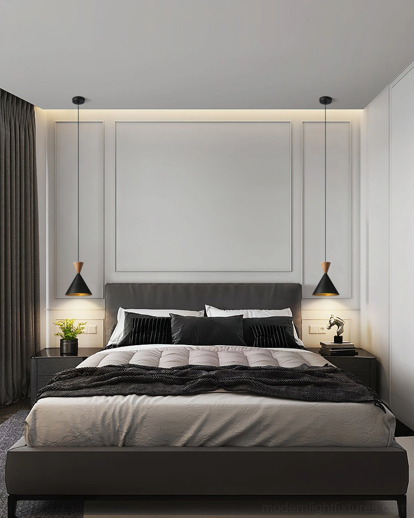 Pair of Trevio conical pendant lights symmetrically installed above master bedroom headboard, luxury minimalist bedroom lighting setup