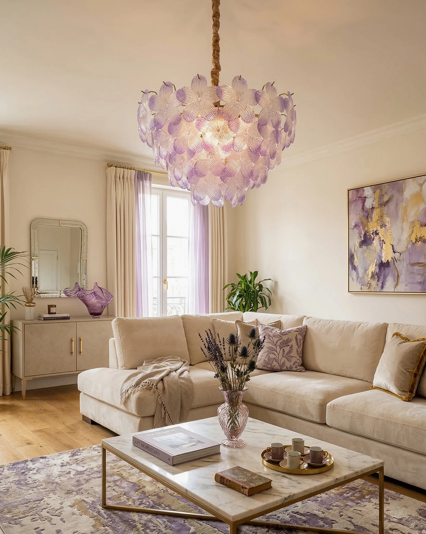Treviso floral glass chandelier botanical petal detail, hand-blown glass craftsmanship