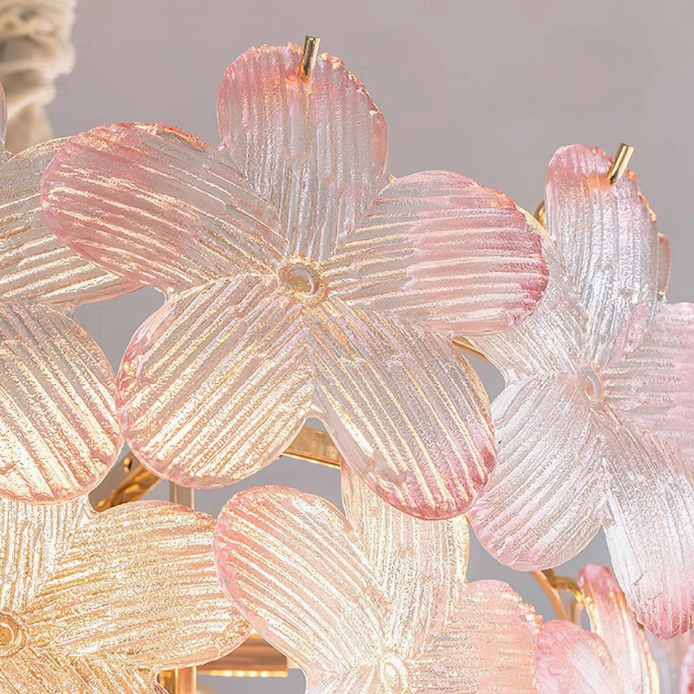 Treviso floral glass chandelier color options, pink blue clear and gold finishes available