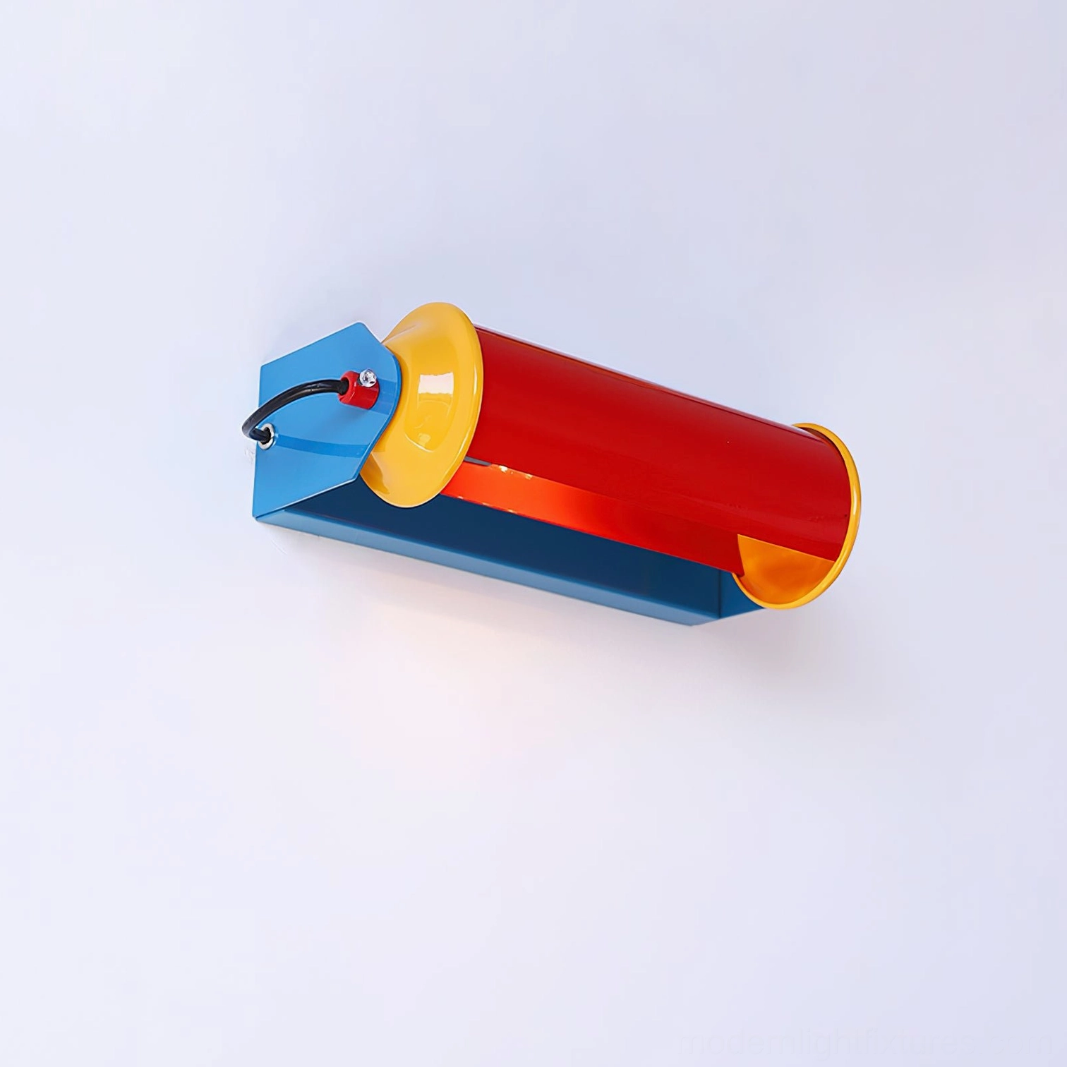 Colorful arc wall sconce from right angle showing symmetric red shade, yellow end cap, and blue base mounting