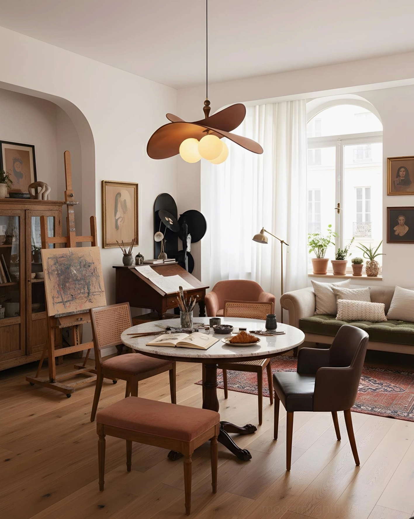 Tri-globe petal pendant chandelier with dark brown shades and warm glass lights in retro studio dining lounge setting, wide room perspective elegant vintage style