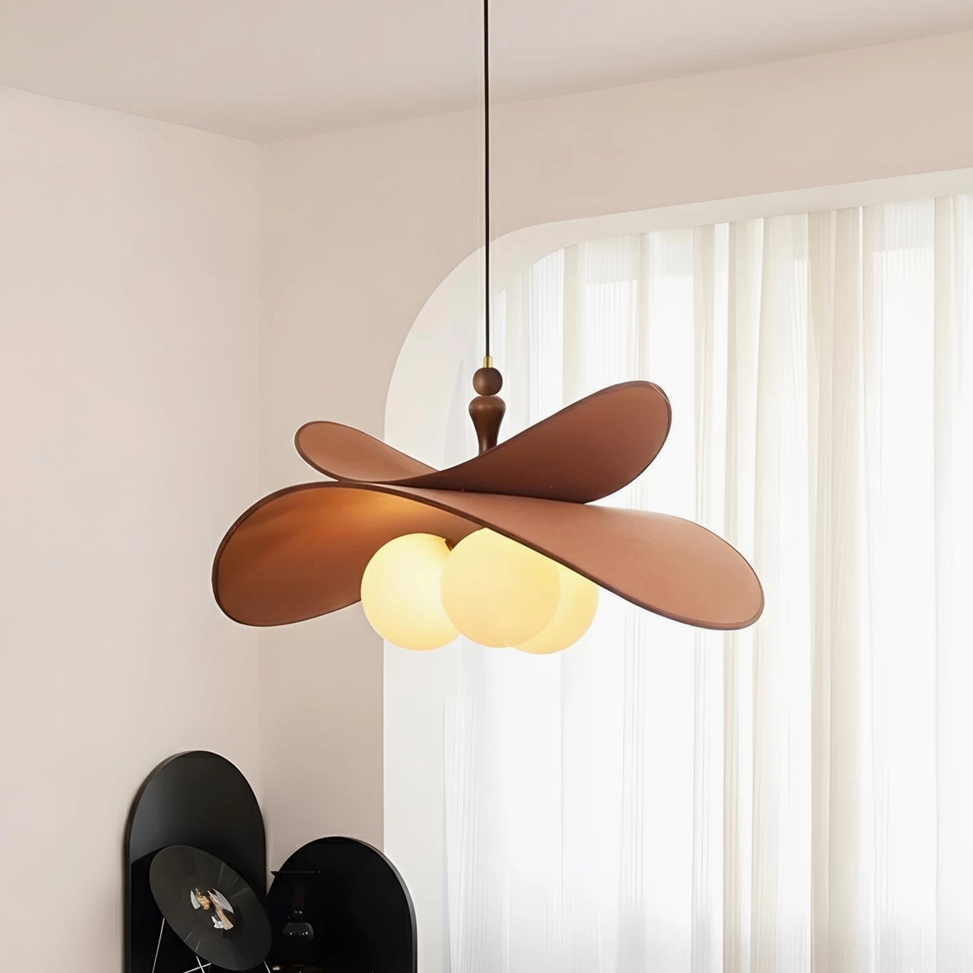 Tri-globe petal pendant chandelier with dark brown fabric petals and three warm glass orb lights creating mid-century modern rustic retro style lighting