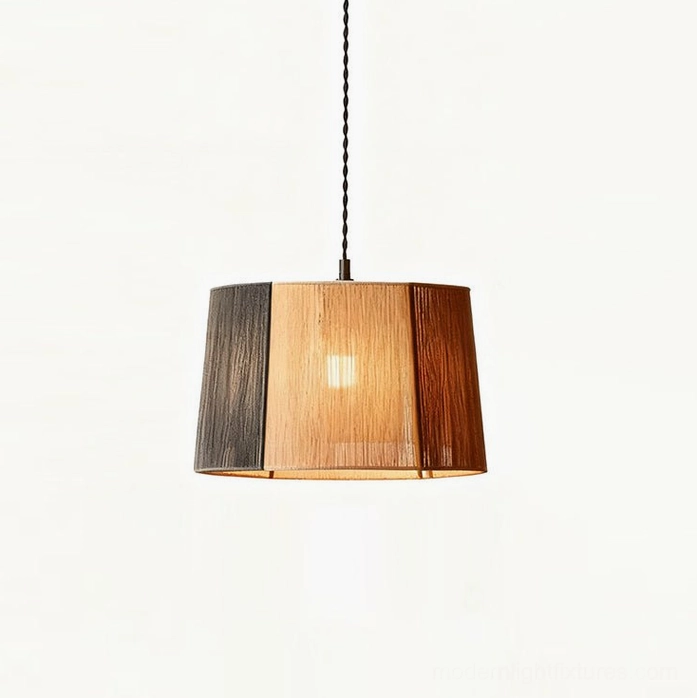 Tri-tone jute rope drum pendant light shade in natural beige grey and brown, full shade detail and woven pattern view