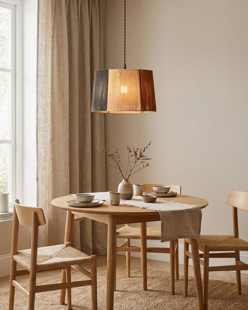 Hand-wound jute rope pendant shade above small wooden dining table, rustic minimalist dining area with warm lighting