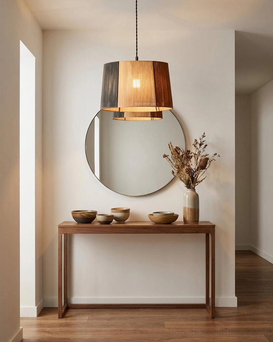 Woven jute rope pendant light above entryway console table with round mirror and wooden accessories, clean Scandinavian style