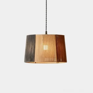 Tri-tone jute rope drum pendant light with natural grey and brown striped shade, front studio shot, modern minimalist lighting design