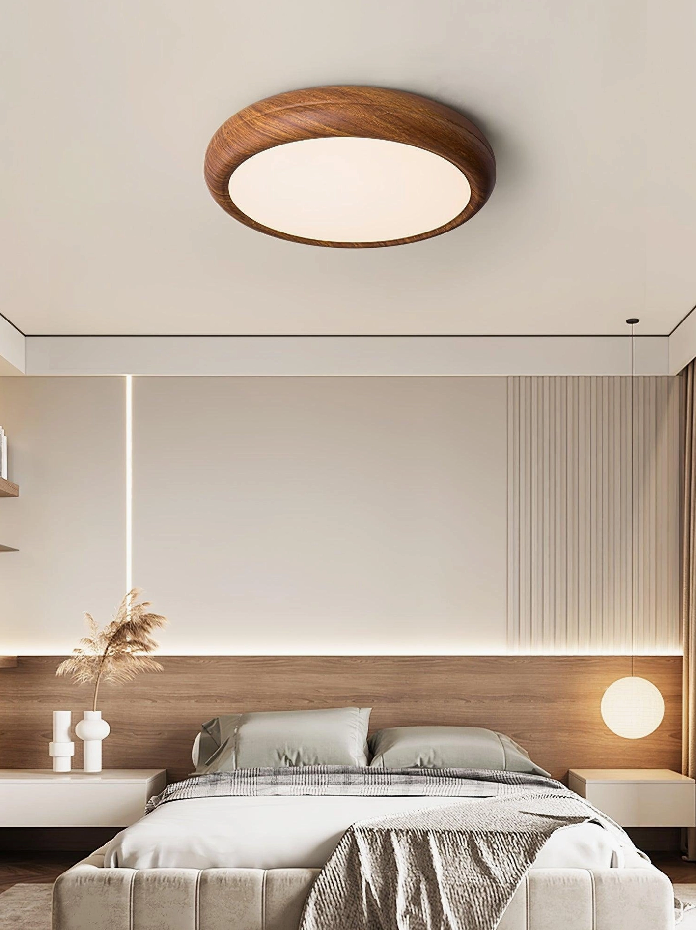 Triac dimming compatible walnut wood grain round ceiling light with flexible brightness control