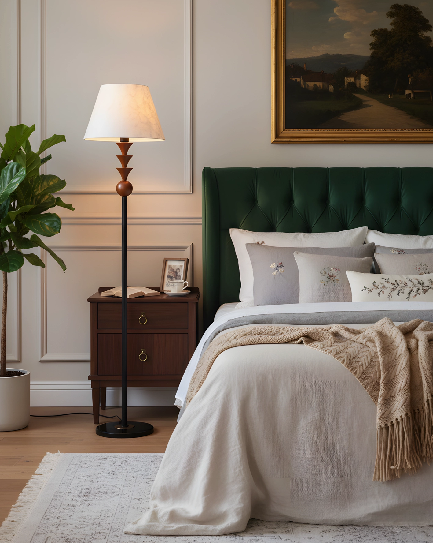 Modern sculptural floor lamp in bedroom with green headboard and neutral aesthetic