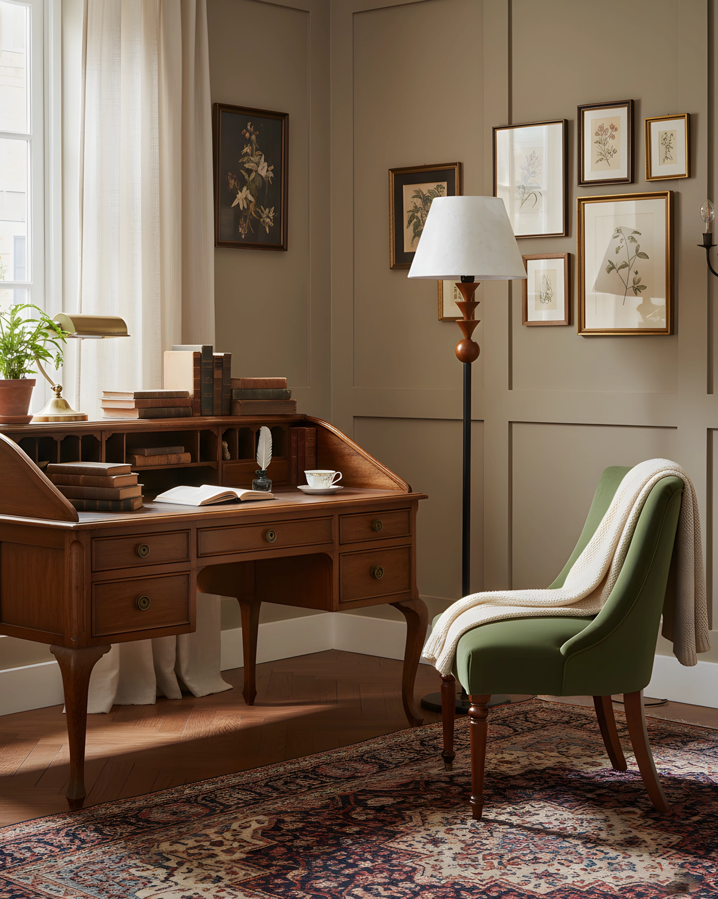 Contemporary floor lamp beside wooden desk in traditional home workspace setting