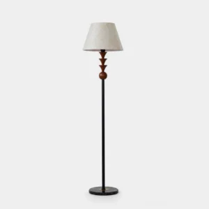Triad Peak modern floor lamp front view - sculptural wood and metal design with three ascending peaks