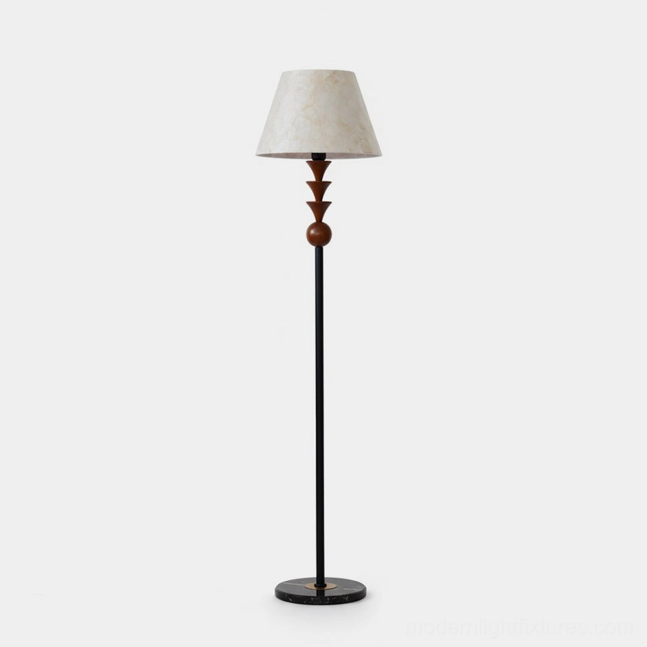 Triad Peak modern floor lamp front view - sculptural wood and metal design with three ascending peaks