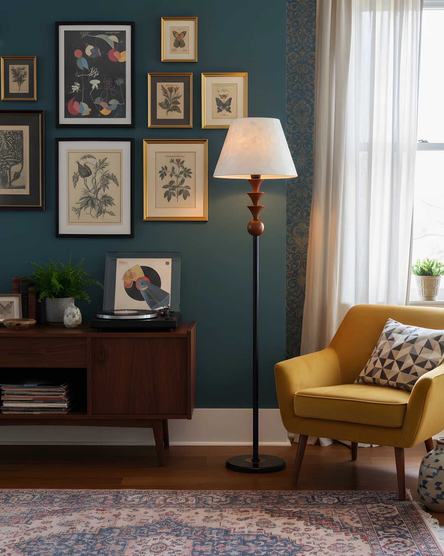 Modern sculptural floor lamp in eclectic lounge with botanical gallery wall and artistic decor