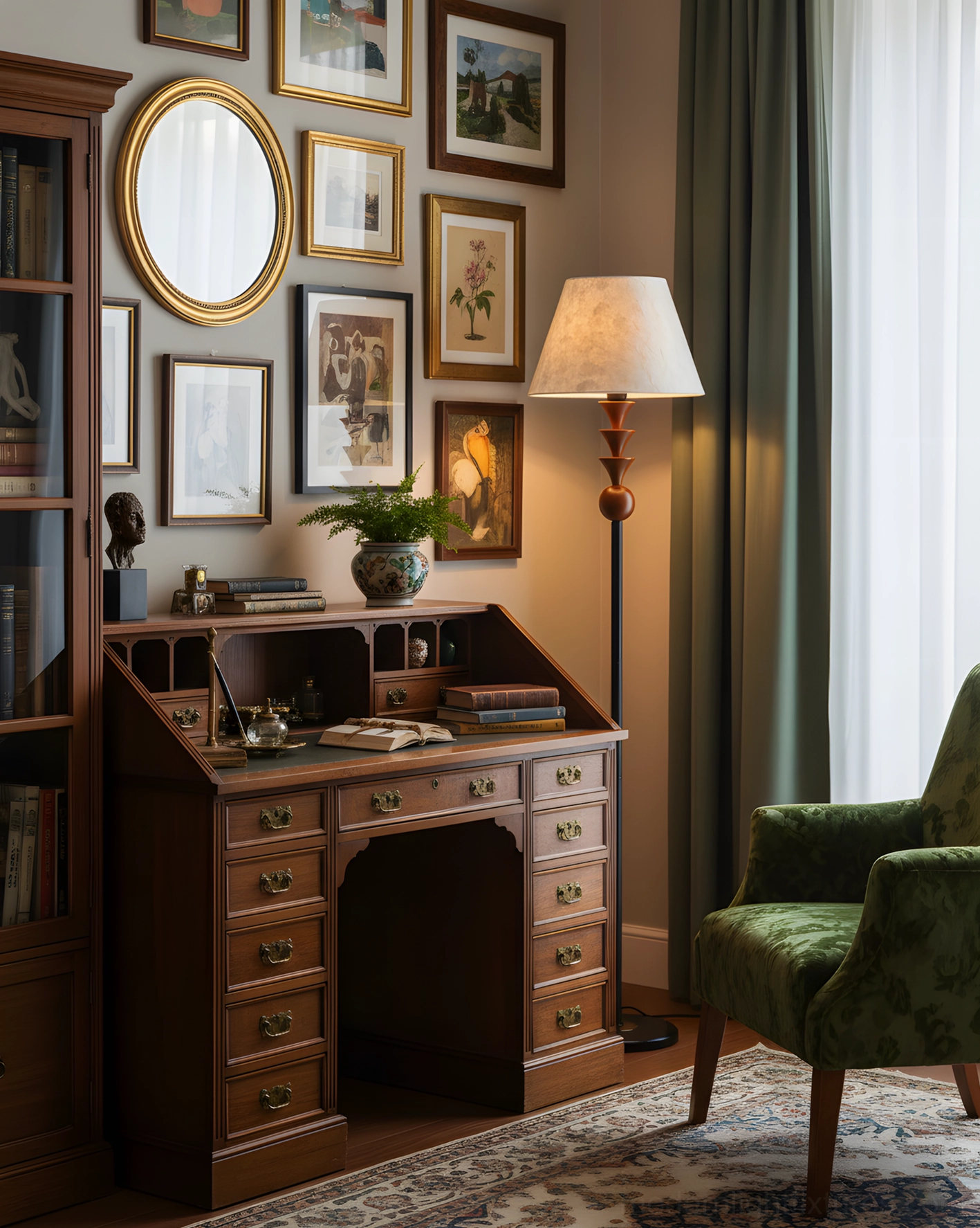 Contemporary floor lamp three-quarter view in home office with wooden desk and traditional decor