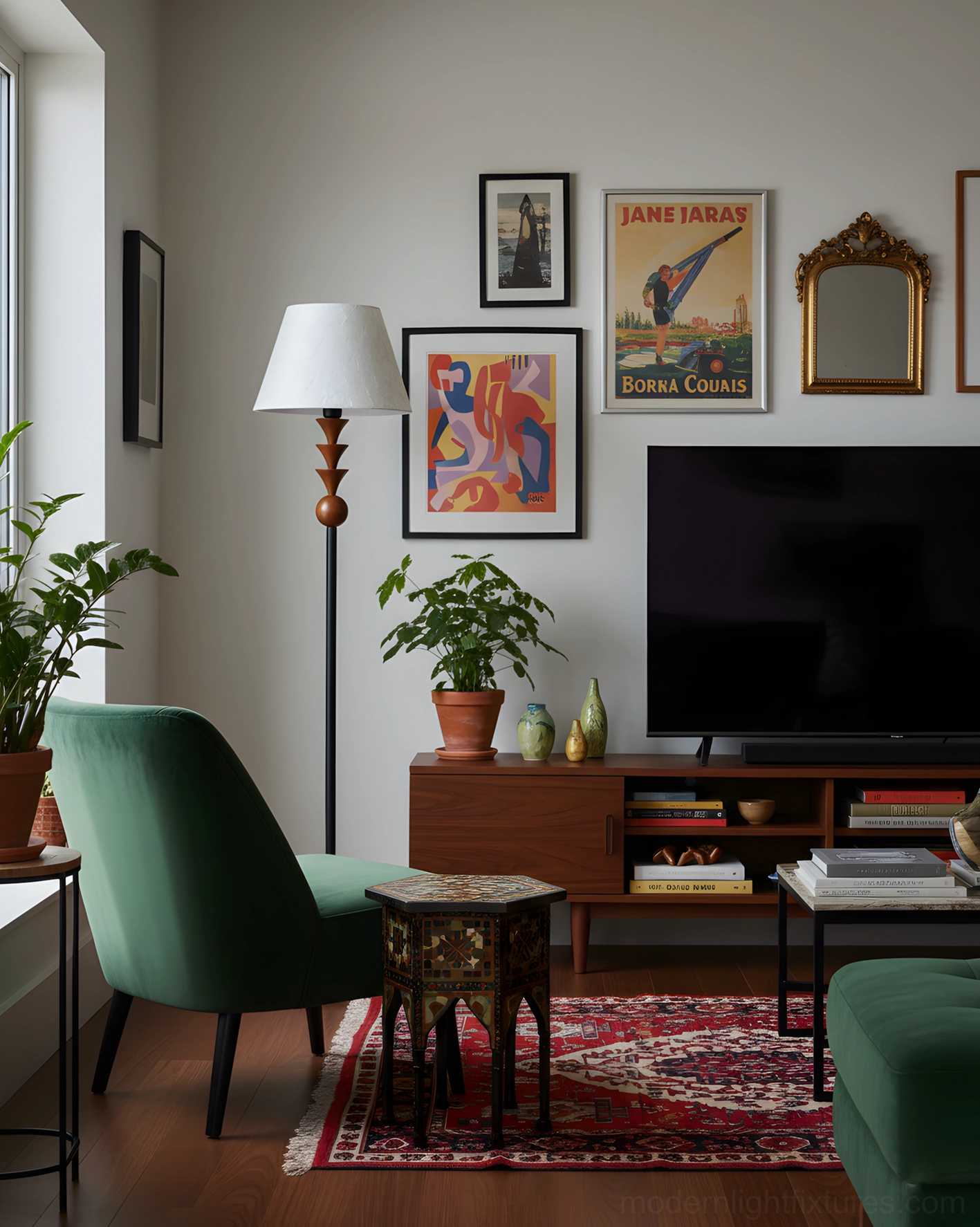 Modern floor lamp with black metal stem and warm wood accents in living room setting