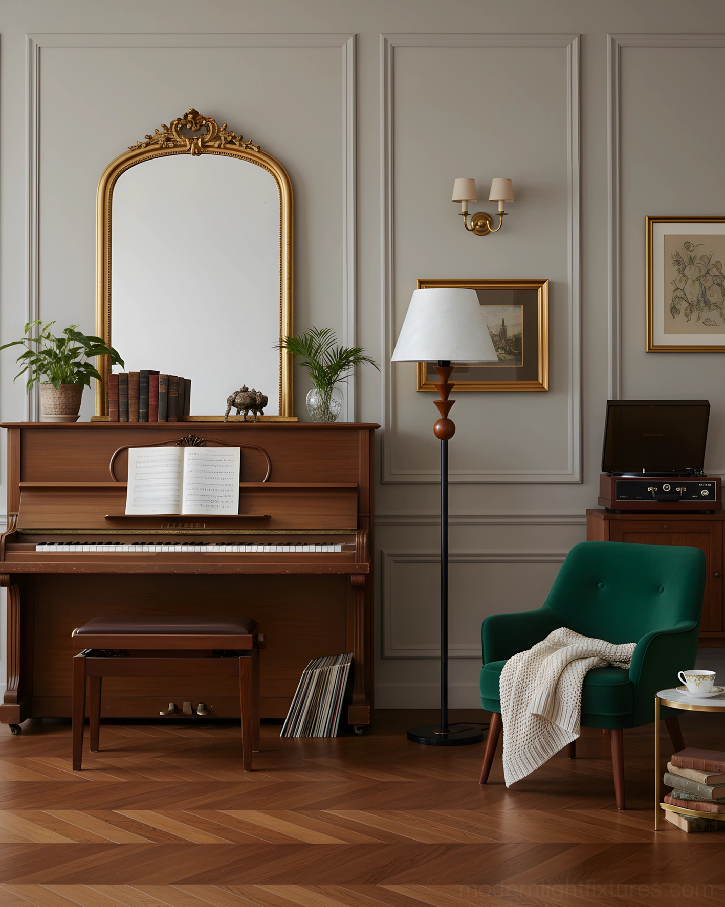 Wood and metal floor lamp in vintage music room with piano and elegant traditional decor