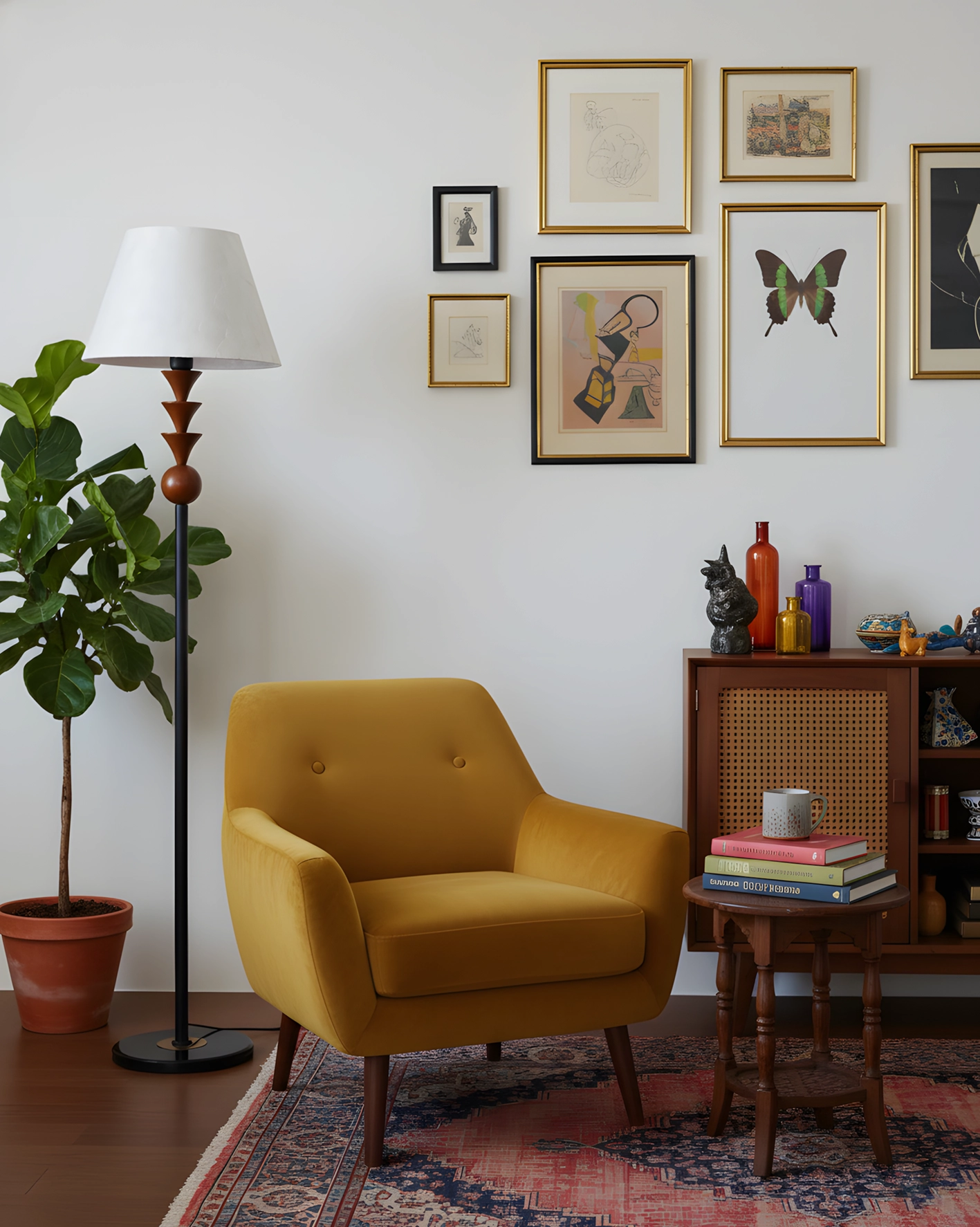Modern sculptural floor lamp as statement piece in artistic home interior with curated decor