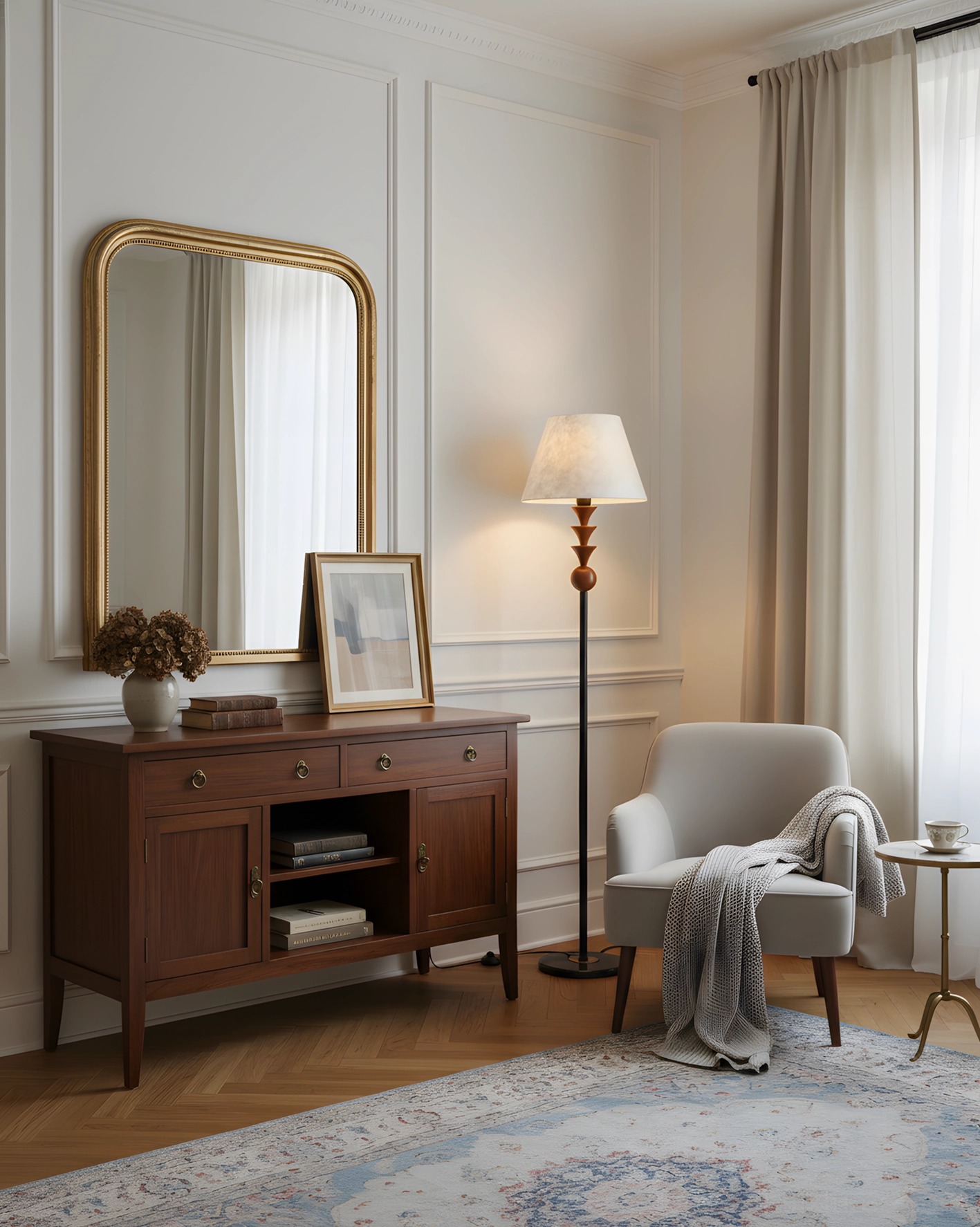 Modern floor lamp with walnut wood accents and matte black metal frame in contemporary interior