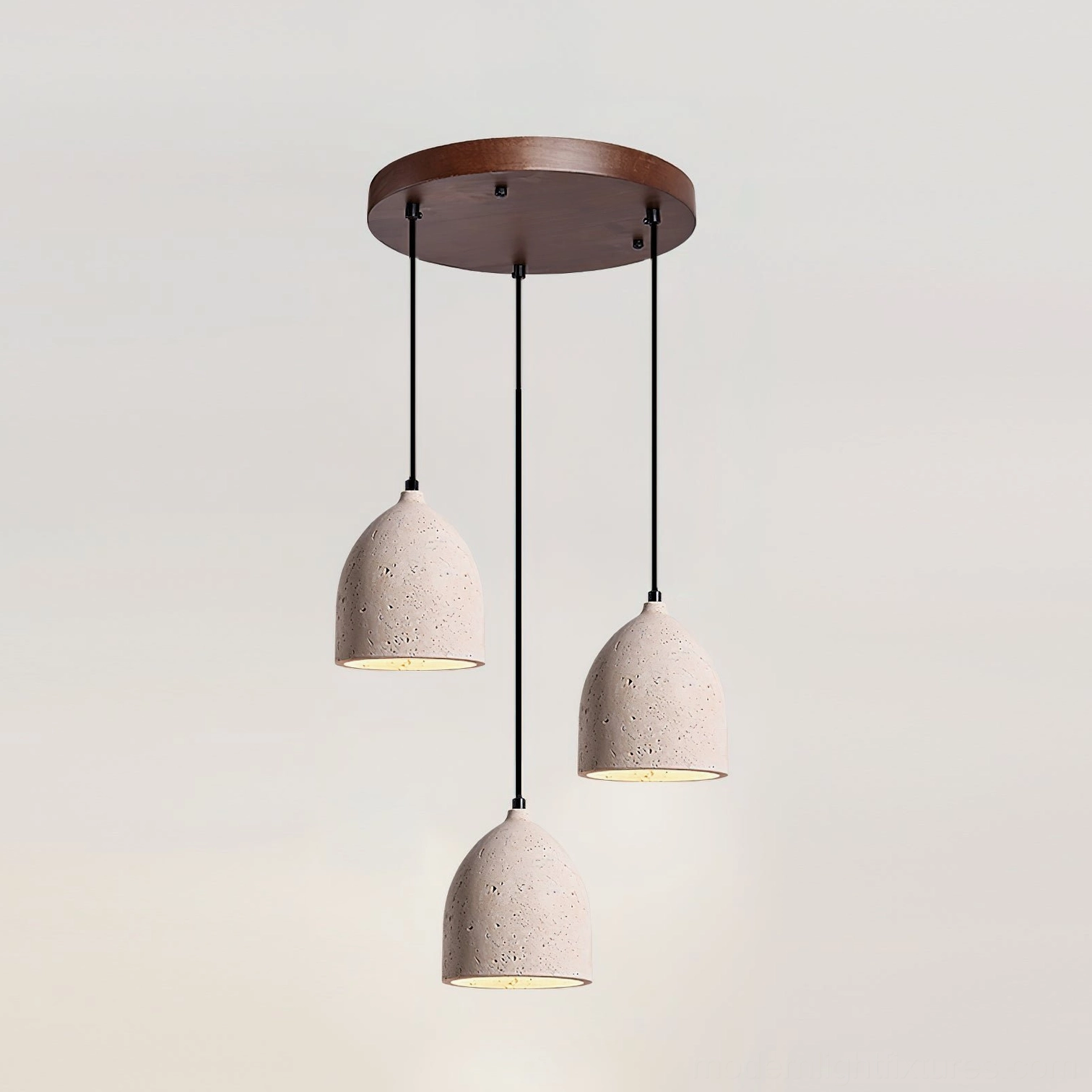Triangular three-head travertine pendant light cluster creating balanced illumination in contemporary living space