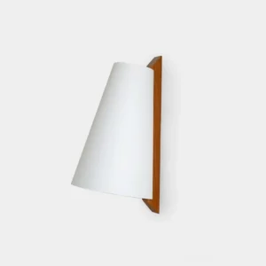Trianora geometric wall sconce front view with white conical acrylic shade and warm walnut wooden bracket on minimalist background