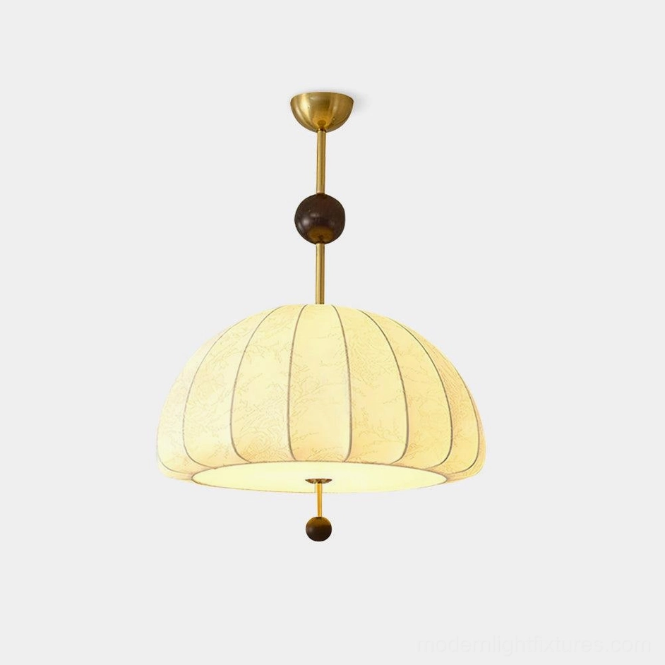Trigg fabric dome pendant light with ribbed white shade and brass hardware, studio front view isolated on white background