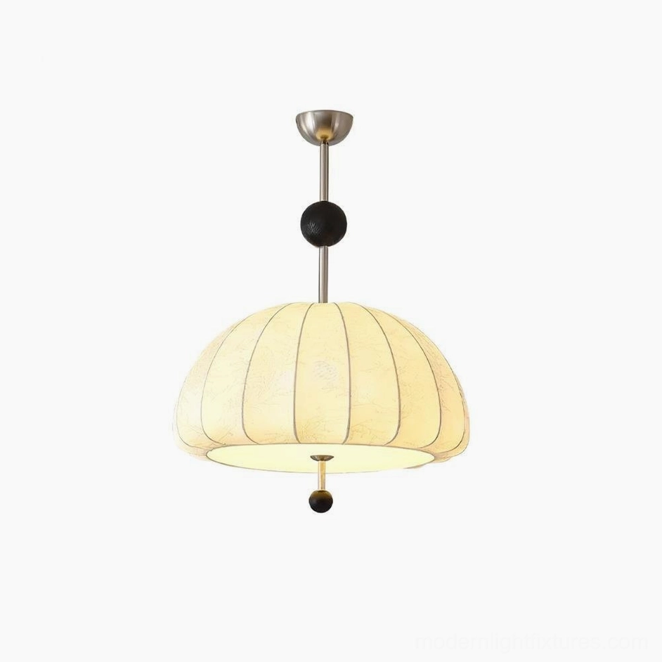 Trigg fabric dome pendant light with sand nickel hardware and white finish suspended in residential interior space