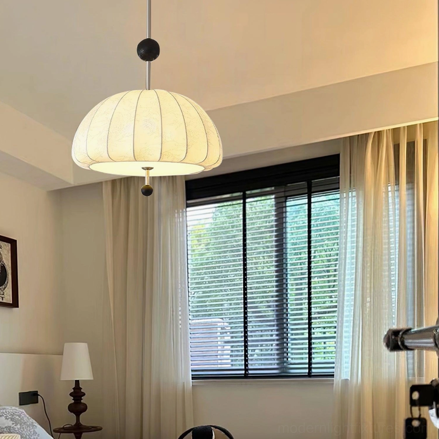 Trigg fabric dome pendant light close-up showing ribbed texture pattern and central wood sphere accent detail
