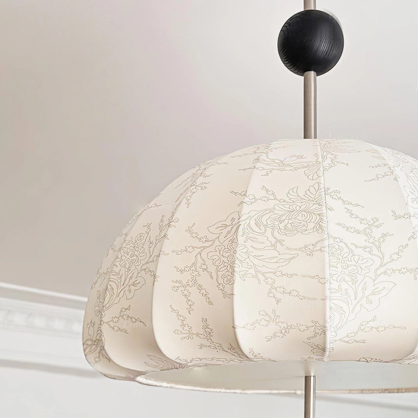 Trigg fabric dome pendant light showing metal suspension rod and spherical wood bead accent architectural detail