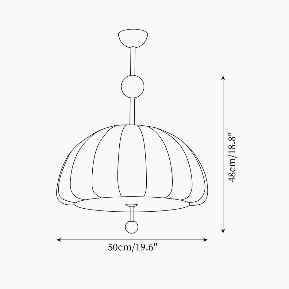 Trigg pendant light technical orthographic drawing showing dimensions, pumpkin dome shade profile and metal rod suspension system