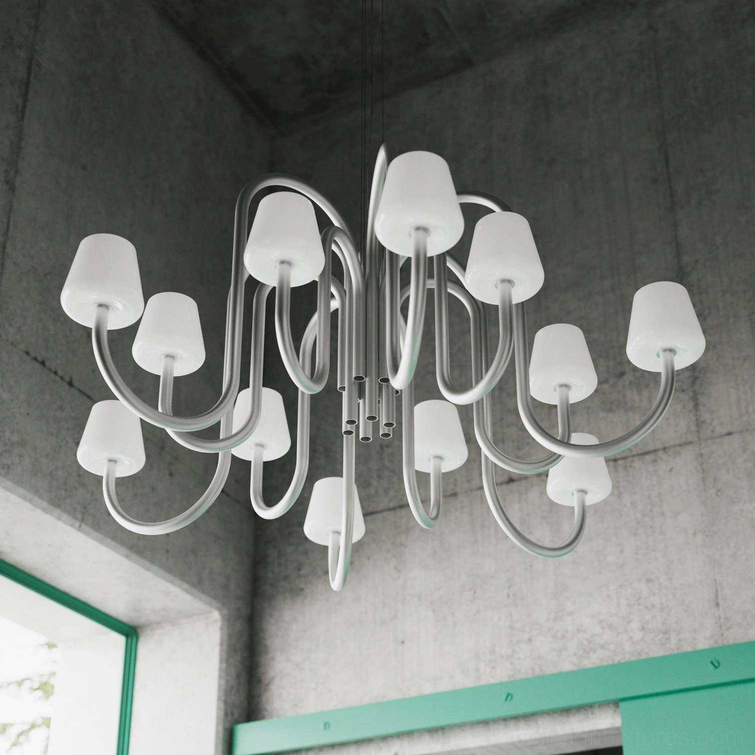 Large multi-arm Trilo chandelier hanging in brutalist concrete space with white glass diffusers