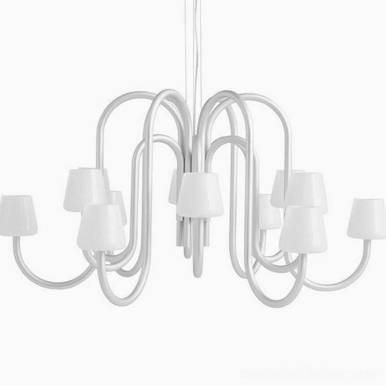 Trilo 12-head chandelier with silver and white finish - dramatic overhead view