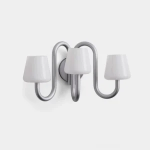 Trilo modern 3-light wall sconce with curved aluminum arms and frosted glass shades, minimalist design from top angle
