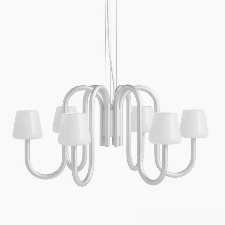 Trilo 6-head chandelier - compact curved tube design with white frosted glass shades