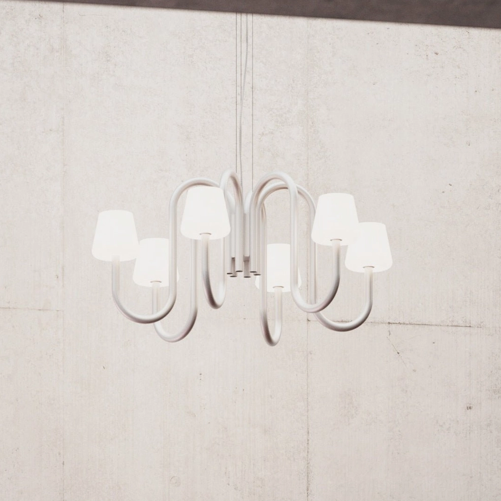 Small 6-head Trilo curved tube chandelier with rounded white glass lampshades - studio overhead view