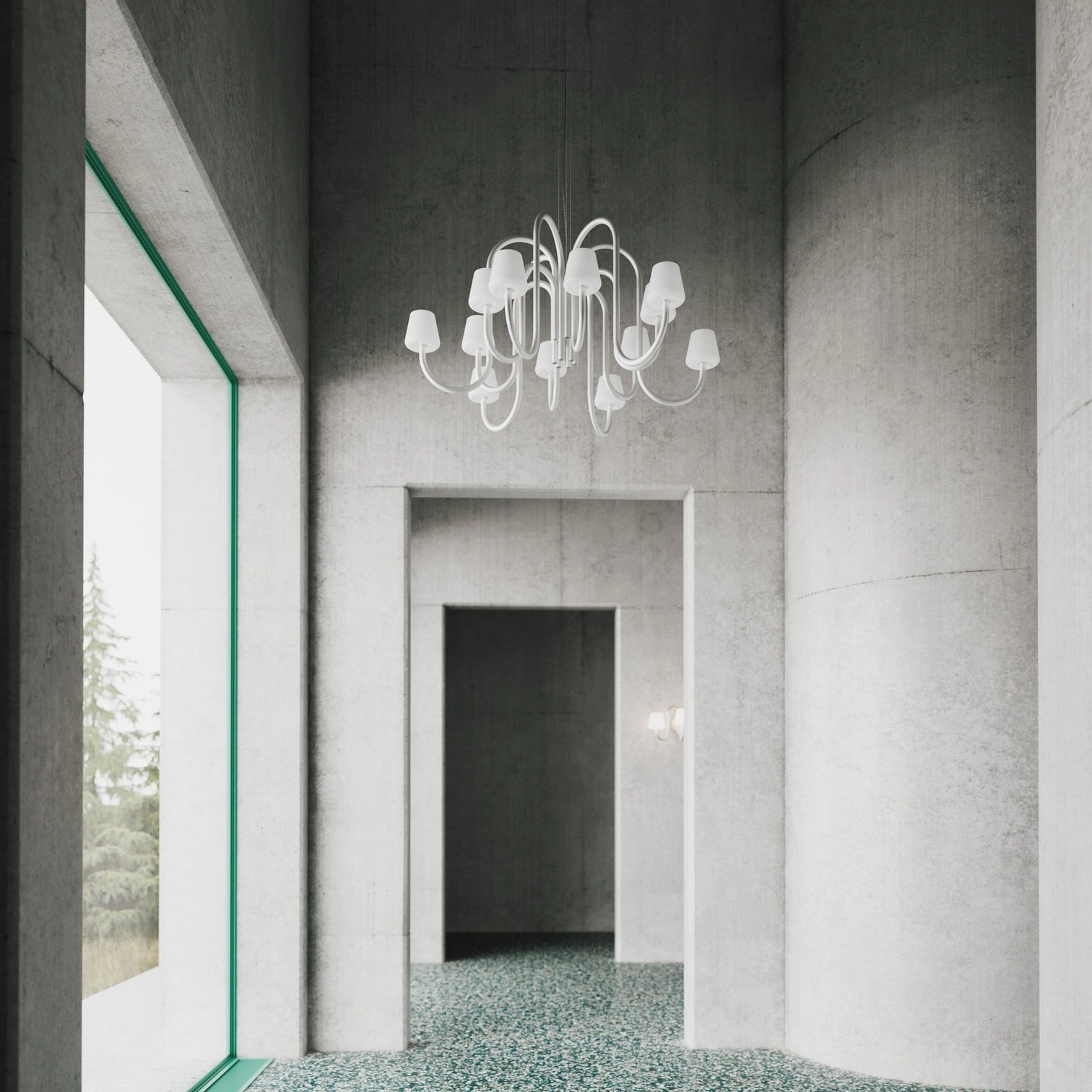 Compact 6-head Trilo curved tube chandelier in minimalist concrete corridor