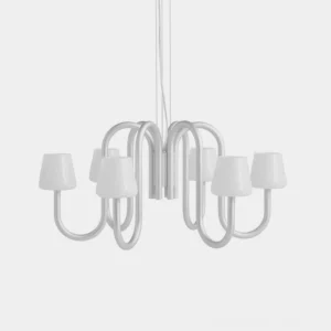 Trilo modern curved tube chandelier with 8 white glass shades - overhead studio view
