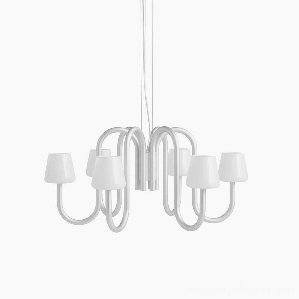Trilo multi-arm sculptural chandelier - full product view showcasing flowing curved tube architecture