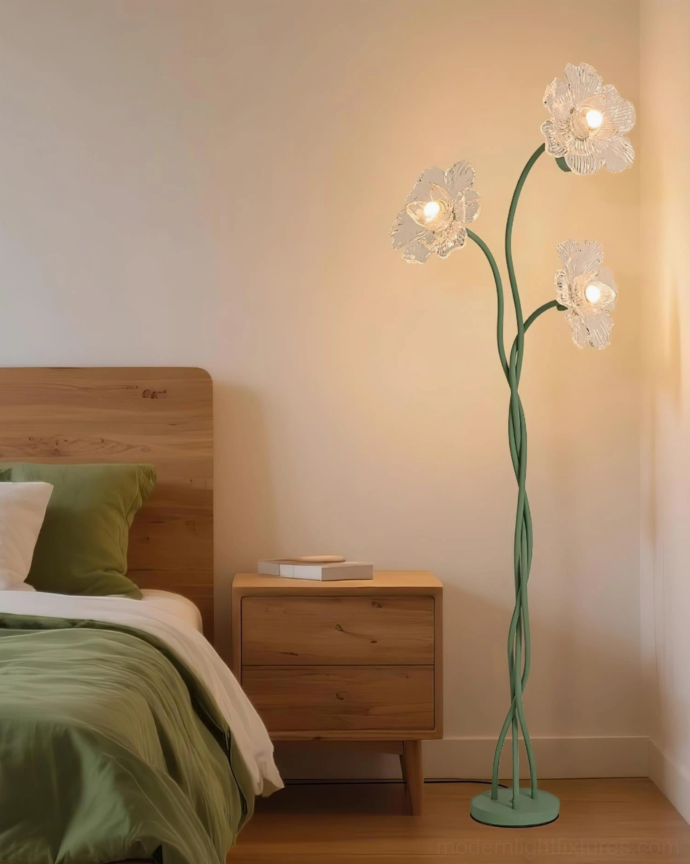 Botanical floor lamp in bedroom corner with wooden nightstand and soft ambient lighting
