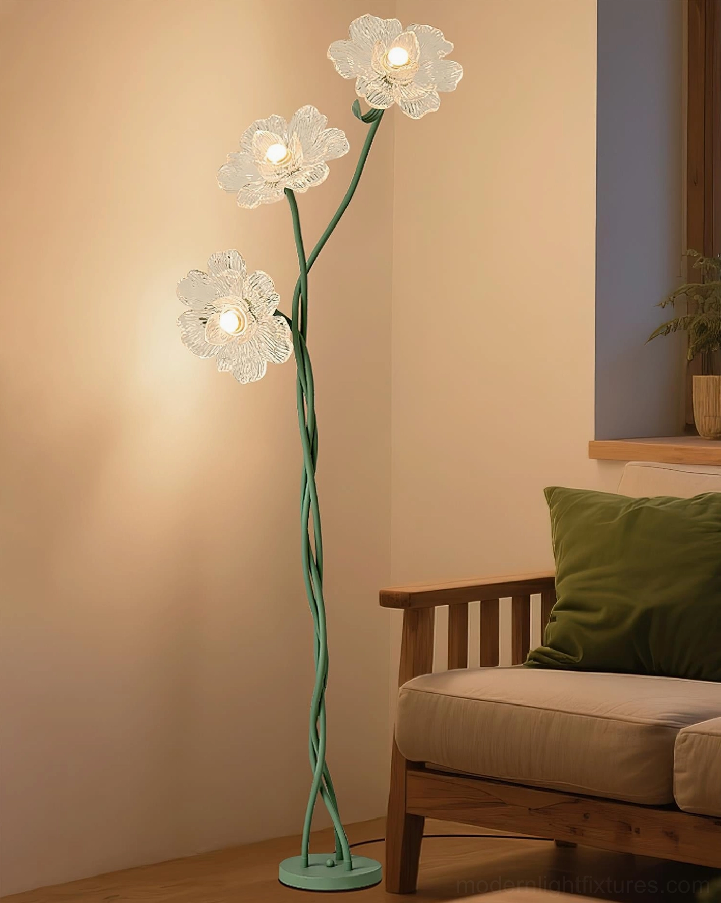 Botanical floor lamp with warm glowing floral shades beside wooden armchair in cozy lounge setting