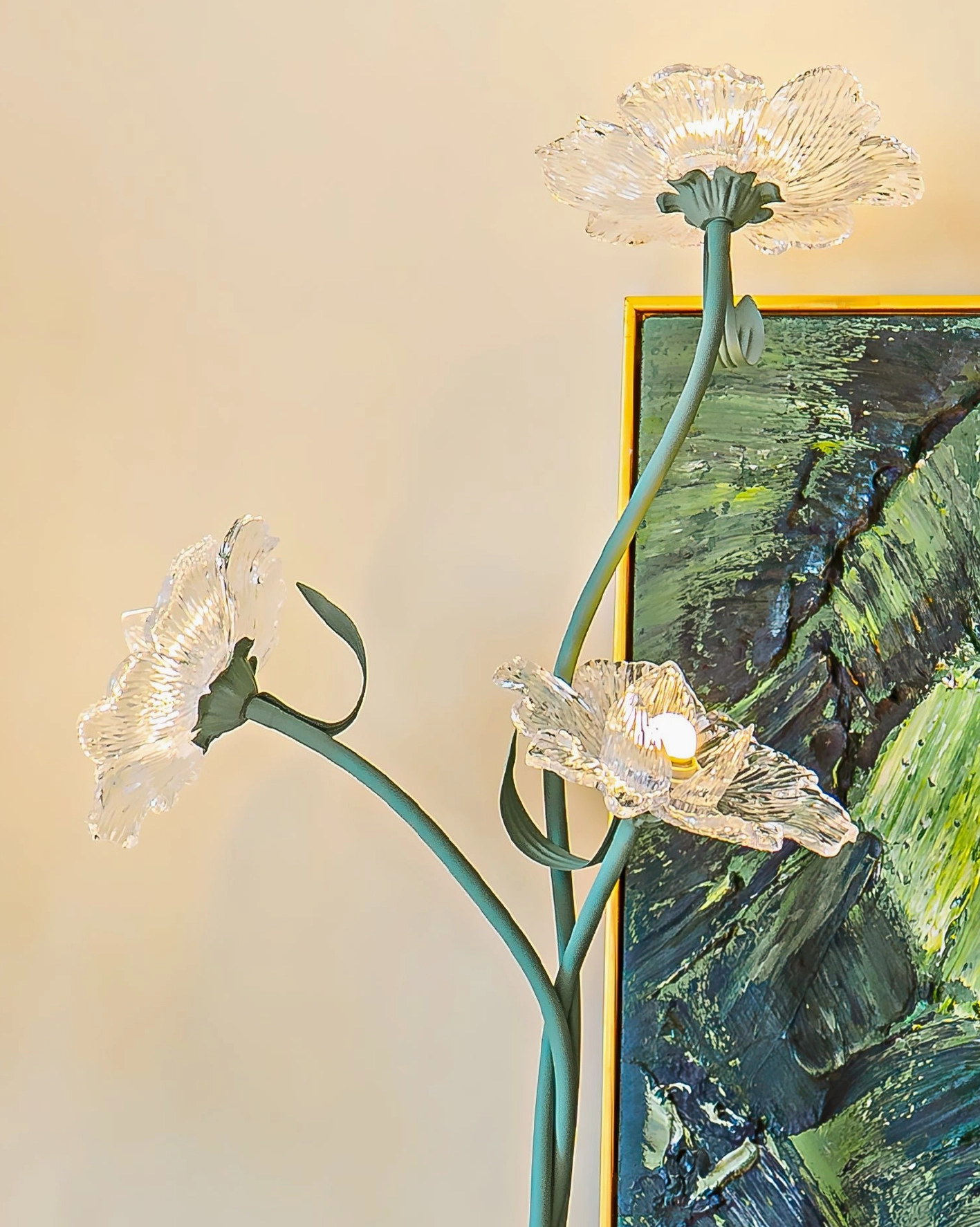Close-up macro shot of Triluna floor lamp glass flower shade with ribbed texture and built-in LED