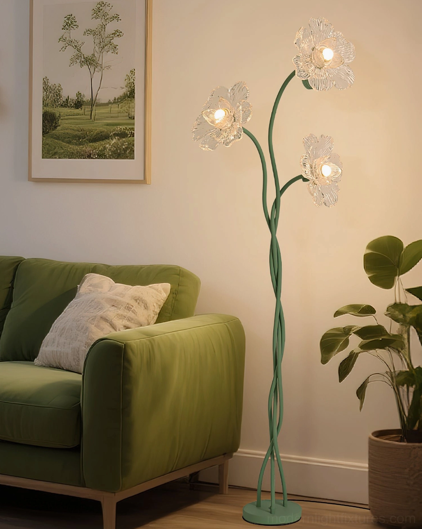Triluna floor lamp in contemporary living room with green sofa, botanical aesthetic home decor