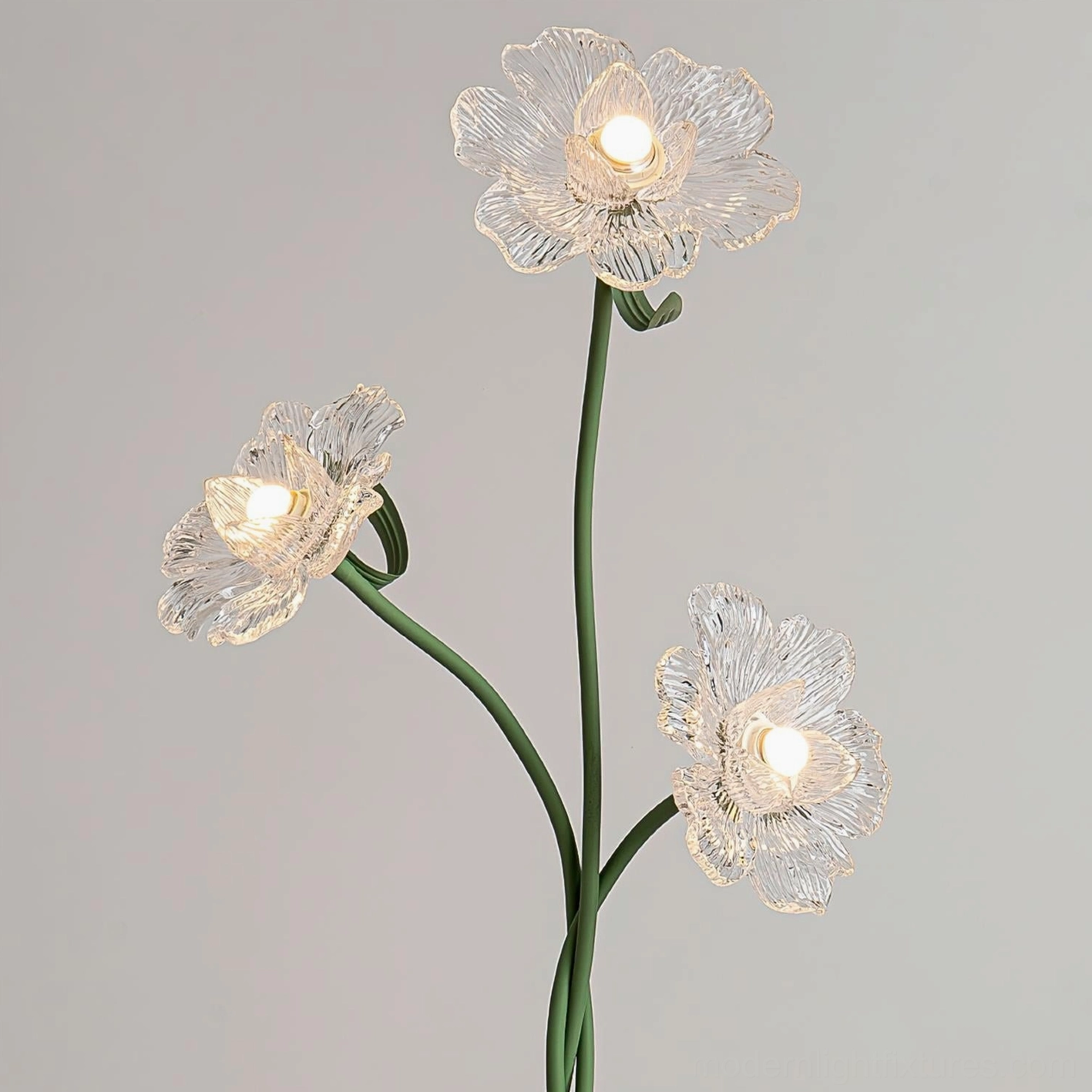 Triluna modern floor lamp with three floral glass heads and sage green metal stems side view