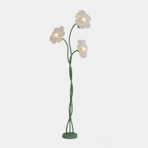 Triluna botanical floor lamp with three floral glass shades on twisted green metal stems, front studio view