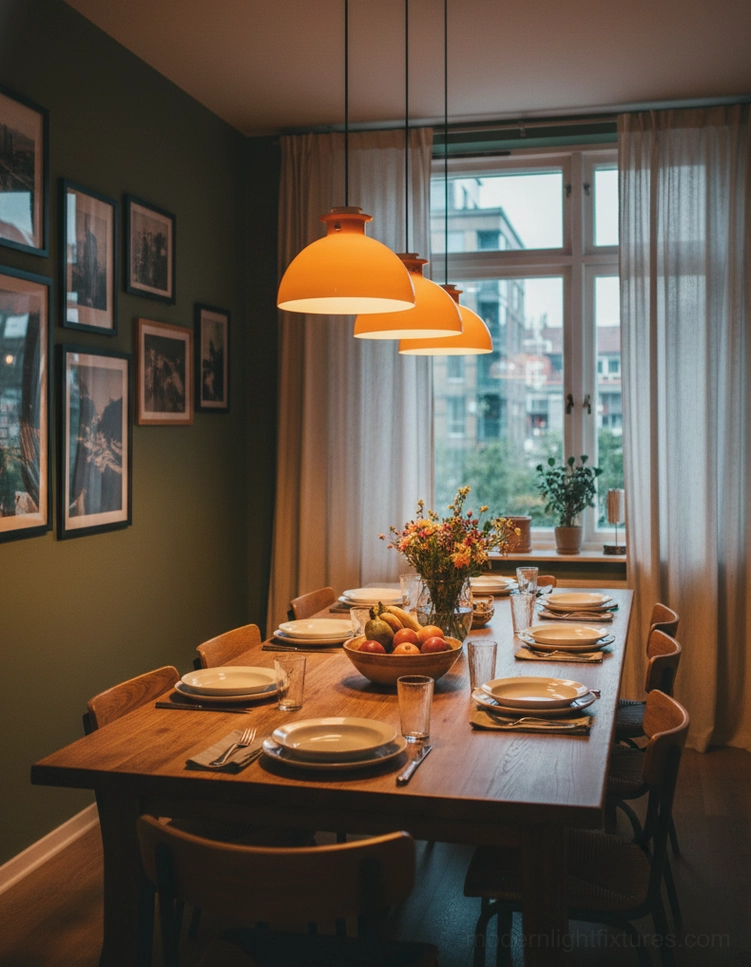 Three orange dome pendant lights in formal dining room with dark green accent wall