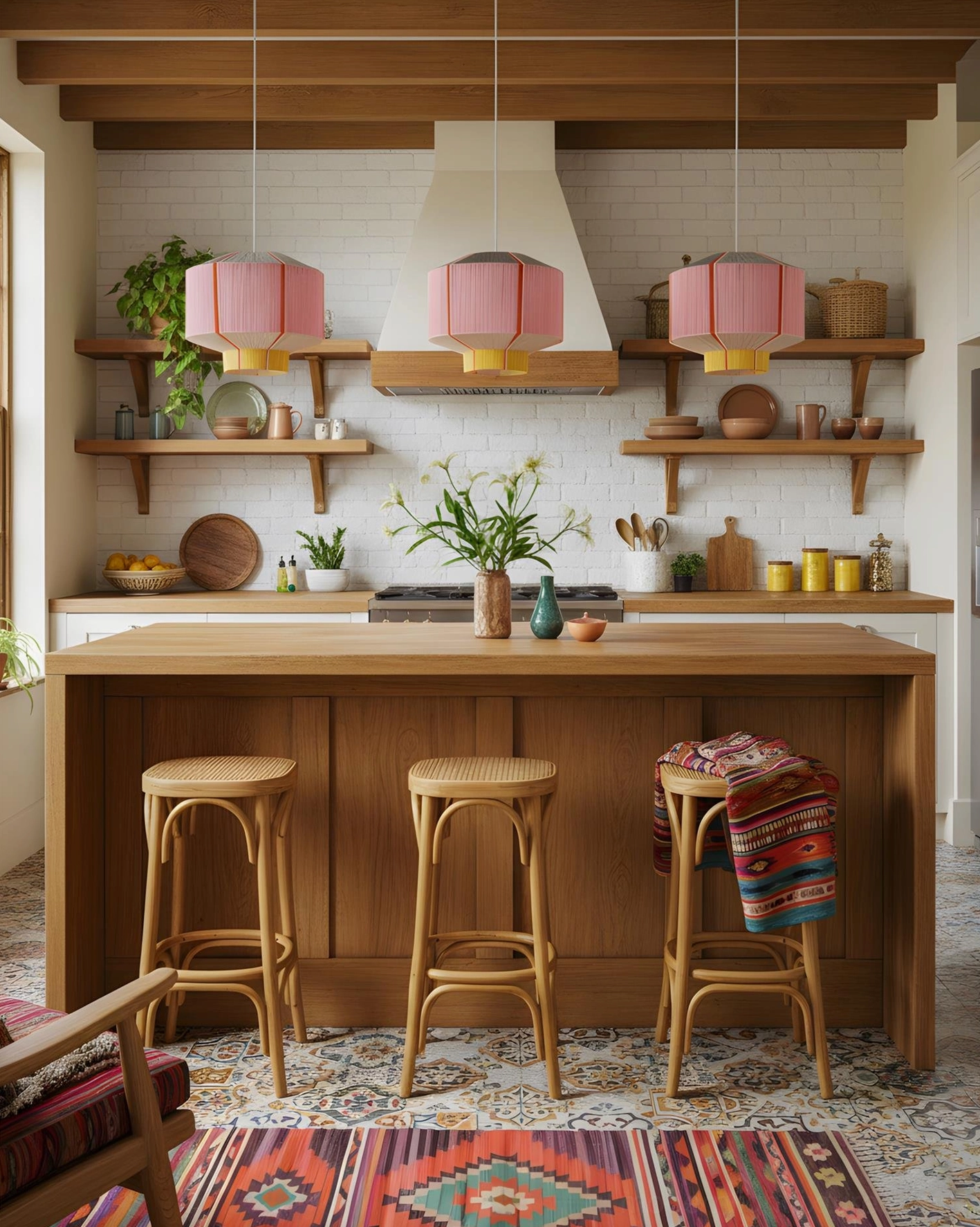 Three pink geometric pendant lights in rustic farmhouse kitchen with open wooden shelves and bar stools