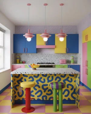 Three colorful stacked pendant lights hanging over Memphis-style kitchen island - bright pink glass shades with white exposed bulbs