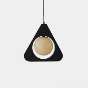 Triora pendant light with matte black wood triangular frame and opal white milk glass globe on white background